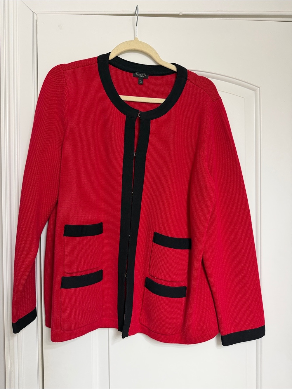 Talbots Red Open-Front Knit Jacket with Black Trim   #702